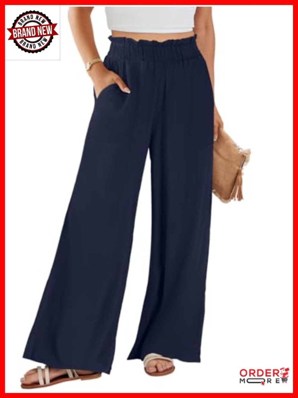 Linen Wide Leg Palazzo Pants High Waist Flowy Beach Trousers